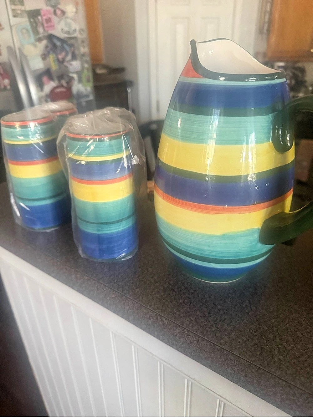 Striped Pitcher & Glass Set in Blue & Green